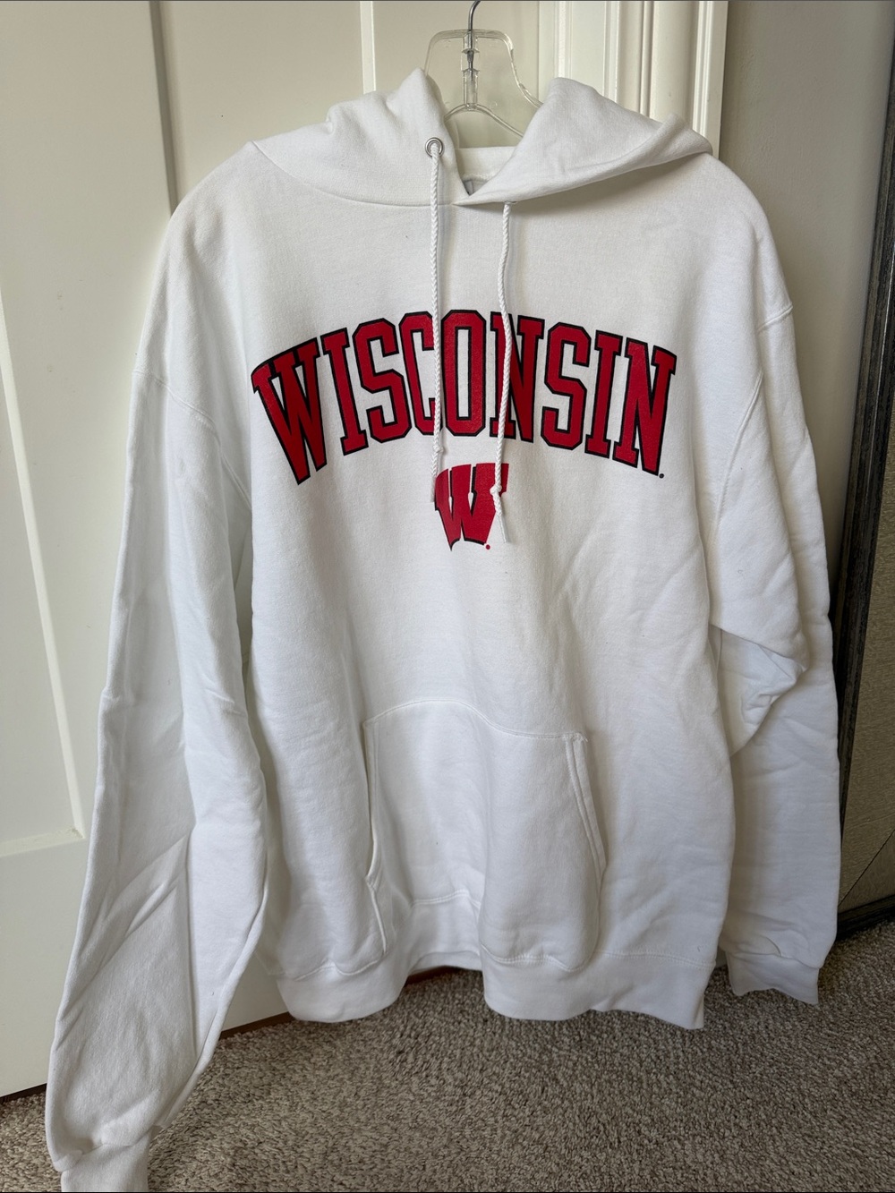 Wisconsin white hoodie with kangaroo style pocket